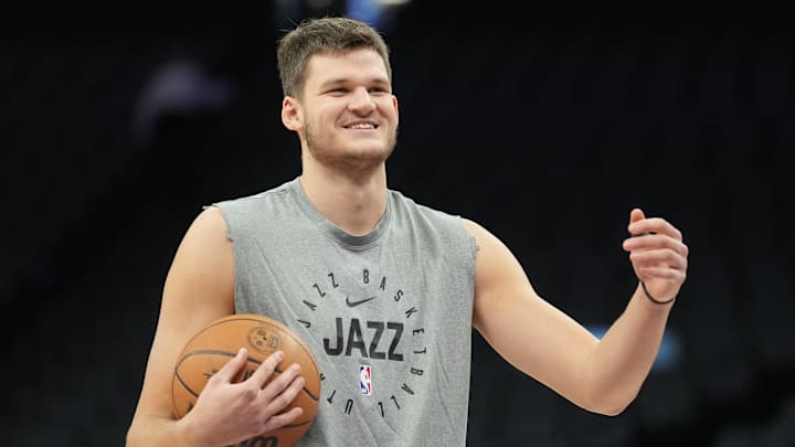 Dec 8, 2024; Sacramento, California, USA; Utah Jazz center Walker Kessler (24) before the game against the Sacramento Kings at Golden 1 Center. Mandatory Credit: Darren Yamashita-Imagn Images
