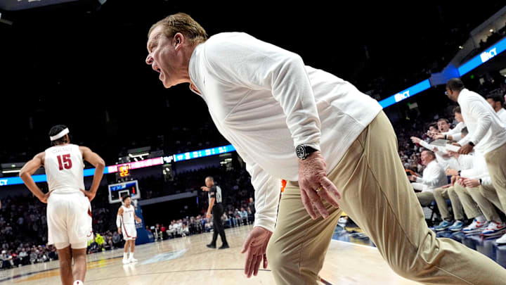 Nov 20, 2024; Birmingham, AL, USA; Illinois head coach Brad Underwood yells at officials during the game with Alabama in the CM Newton Classic at Legacy Arena. Mandatory Credit: Gary Cosby Jr.-Tuscaloosa News