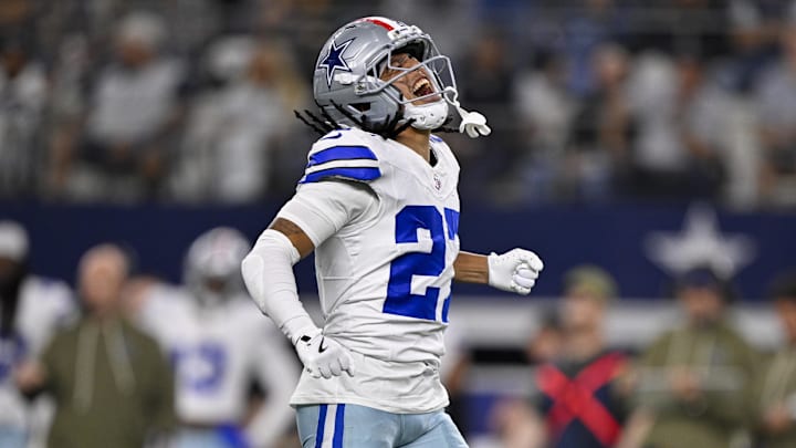Nov 3, 2025; Arlington, Texas, USA; Dallas Cowboys cornerback Shavon Revel Jr. (27) celebrates during the game between the Dallas Cowboys and the Arizona Cardinals at AT&T Stadium. Mandatory Credit: Jerome Miron-Imagn Images