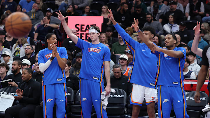 Dec 7, 2025; Salt Lake City, Utah, USA; The Oklahoma City Thunder bench react after a shot against the Utah Jazz during the first quarter at Delta Center. Mandatory Credit: Rob Gray-Imagn Images Dec 7, 2025; Salt Lake City, Utah, USA; The Oklahoma City Thunder bench react after a shot against the Utah Jazz during the first quarter at Delta Center. Mandatory Credit: Rob Gray-Imagn Images