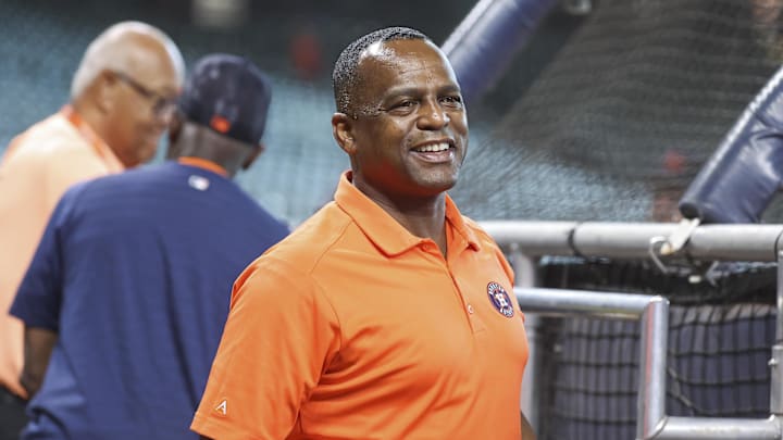 Jul 25, 2023; Houston, Texas, USA; Houston Astros general manager Dana Brown on the field before the game against the Texas Rangers at Minute Maid Park. Mandatory Credit: Troy Taormina-Imagn Images