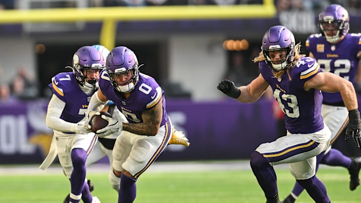Oct 20, 2024; Minneapolis, Minnesota, USA; Minnesota Vikings linebacker Ivan Pace Jr. (0) returns a fumble 36 yards for a touchdown as linebacker Andrew Van Ginkel (43) and cornerback Byron Murphy Jr. (7) look to block against the Detroit Lions during the fourth quarter at U.S. Bank Stadium. Oct 20, 2024; Minneapolis, Minnesota, USA; Minnesota Vikings linebacker Ivan Pace Jr. (0) returns a fumble 36 yards for a touchdown as linebacker Andrew Van Ginkel (43) and cornerback Byron Murphy Jr. (7) look to block against the Detroit Lions during the fourth quarter at U.S. Bank Stadium.