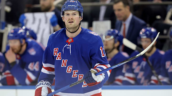 Jan 5, 2026; New York, New York, USA; New York Rangers left wing Alexis Lafreniere (13) skates against the Utah Mammoth during the second period at Madison Square Garden. Mandatory Credit: Brad Penner-Imagn Images Jan 5, 2026; New York, New York, USA; New York Rangers left wing Alexis Lafreniere (13) skates against the Utah Mammoth during the second period at Madison Square Garden. Mandatory Credit: Brad Penner-Imagn Images