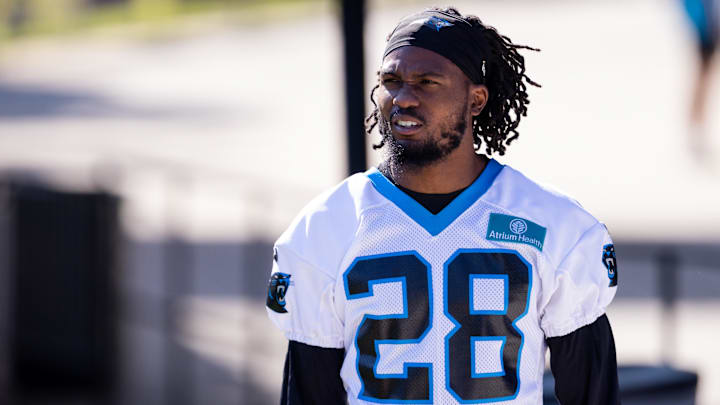 Jul 23, 2025; Charlotte, NC, USA; Carolina Panthers cornerback M.J. Devonshire (28) heads to the field for training camp. Jul 23, 2025; Charlotte, NC, USA; Carolina Panthers cornerback M.J. Devonshire (28) heads to the field for training camp.