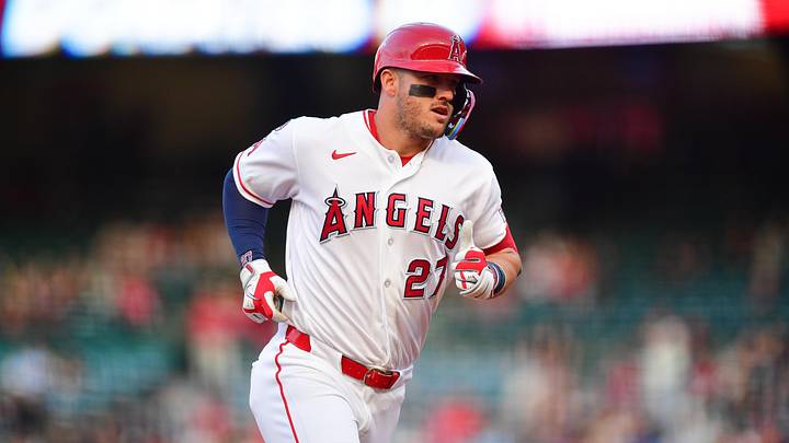 May 5, 2026; Anaheim, California, USA; Los Angeles Angels center fielder Mike Trout (27) runs the bases after hitting a solo home run against the Chicago White Sox during the first inning at Angel Stadium. 