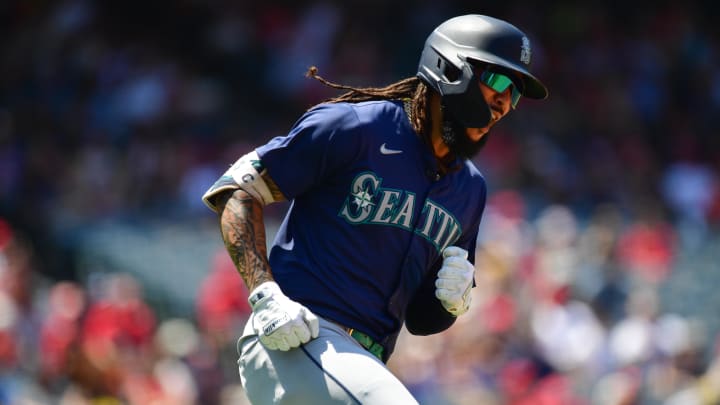 Seattle Mariners shortstop J.P. Crawford reacts after hitting a solo home run against the Los Angeles Angels on Sunday at Angel Stadium in Anaheim, Calif.