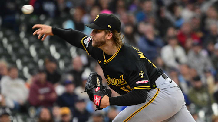 Apr 26, 2026; Milwaukee, Wisconsin, USA; Pittsburgh Pirates starting pitcher Carmen Mlodzinski (50) throws a pitch in the first inning against the Milwaukee Brewers at American Family Field. Mandatory Credit: Benny Sieu-Imagn Images