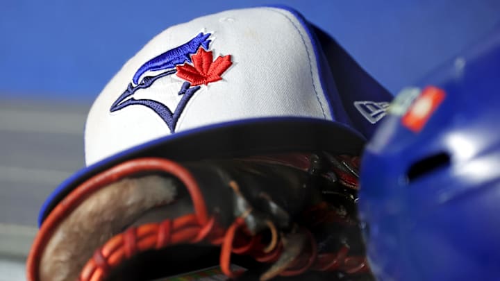 Oct 8, 2025; Bronx, New York, USA; A view of a Toronto Blue Jays hat before game four of the ALDS round for the 2025 MLB playoffs between the New York Yankees and the Toronto Blue Jays at Yankee Stadium. Mandatory Credit: Brad Penner-Imagn Images