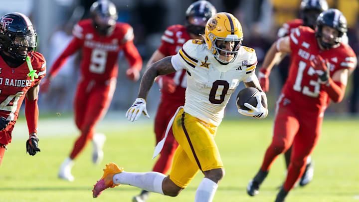 Oct 18, 2025; Tempe, Arizona, USA; Arizona State Sun Devils wide receiver Jordyn Tyson (0) against the Texas Tech Red Raiders in the second half at Mountain America Stadium. Mandatory Credit: Mark J. Rebilas-Imagn Images