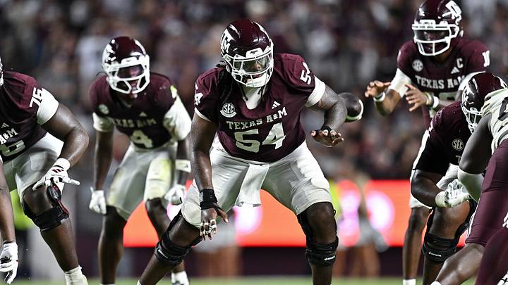 Texas A&M Aggies offensive lineman Mark Nabou Jr. (54) blocks during the second half against the Missouri State Bears at Kyle Field. Texas A&M Aggies offensive lineman Mark Nabou Jr. (54) blocks during the second half against the Missouri State Bears at Kyle Field.