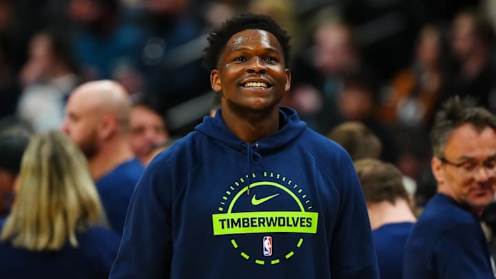 Mar 1, 2026; Denver, Colorado, USA; Minnesota Timberwolves guard Anthony Edwards (5) reacts before the game against the Denver Nuggets Ball Arena. Mandatory Credit: Ron Chenoy-Imagn Images