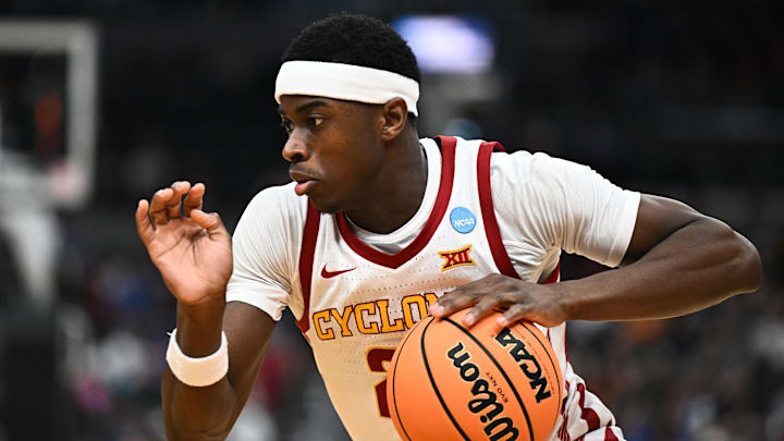 Iowa State Cyclones guard Killyan Toure (27) drives to the basket during the second half against the Kentucky Wildcats during a second round game of the men's 2026 NCAA Tournament at Enterprise Center. 