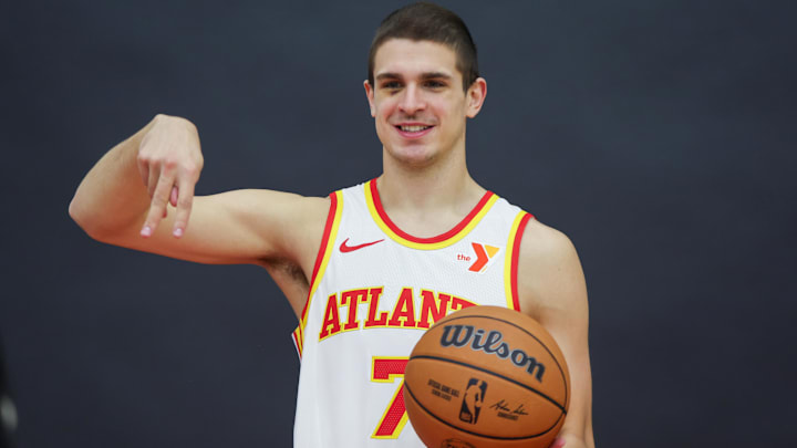 Jun 28, 2024; Atlanta, Georgia, USA; Atlanta Hawks second round draft pick Nikola Djurisic (7) poses for a photo at the Emory Sports Medicine Complex. Mandatory Credit: Brett Davis-Imagn Images