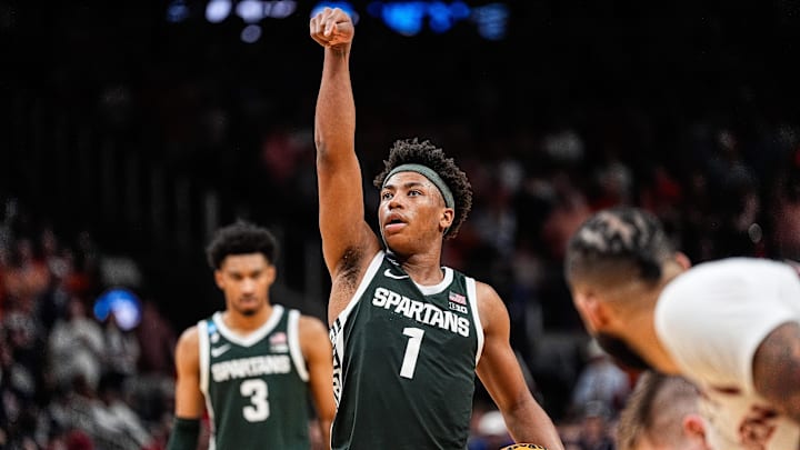 Michigan State guard Jeremy Fears Jr. (1) aims before attempts a free throw against Auburn during the second half of the Elite Eight round of NCAA tournament at State Farm Arena in Atlanta, Ga. on Sunday, March 30, 2025.