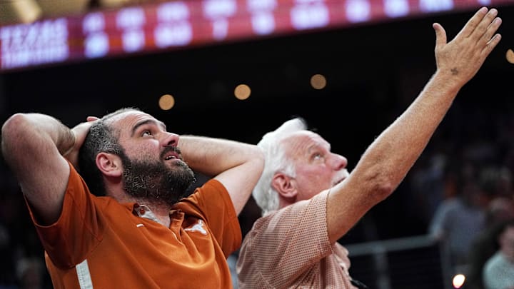 Feb 17, 2026; Austin, Texas, USA; Texas Longhorns fans react to a close game against the LSU Tigers at the end of the second half at Moody Center. Mandatory Credit: Dustin Safranek-Imagn Images