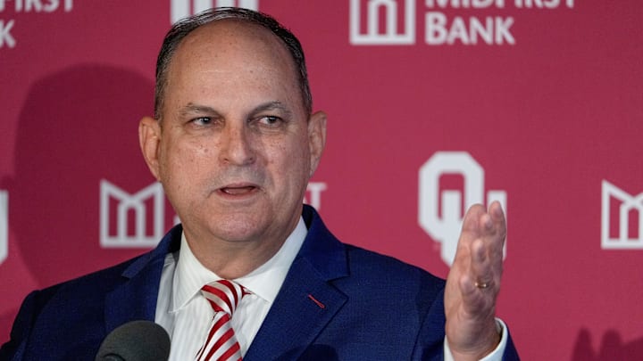 Oklahoma Athletic Director Joe Castiglione speaks during a press conference announcing his retirement at Gaylord Family Oklahoma Memorial Stadium in Norman, Okla., on Tuesday, July 8, 2025.