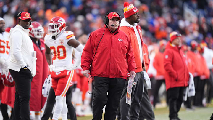 Jan 5, 2025; Denver, Colorado, USA; Kansas City Chiefs head coach Andy Reid during the second quarter against the Kansas City Chiefs at Empower Field at Mile High. Mandatory Credit: Ron Chenoy-Imagn Images Jan 5, 2025; Denver, Colorado, USA; Kansas City Chiefs head coach Andy Reid during the second quarter against the Kansas City Chiefs at Empower Field at Mile High. Mandatory Credit: Ron Chenoy-Imagn Images