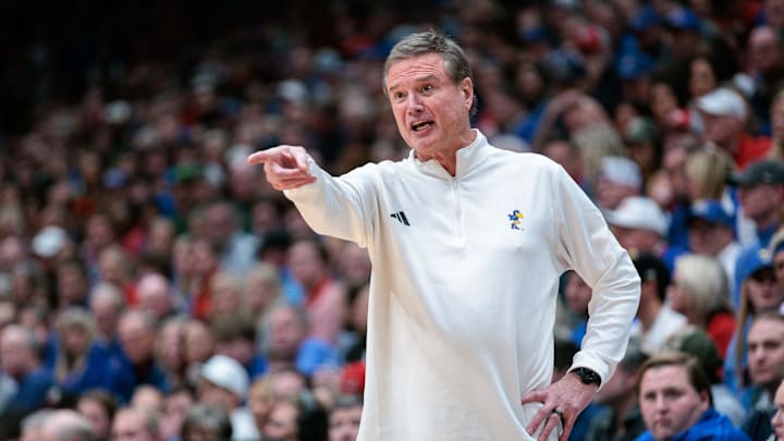 Feb 10, 2024; Lawrence, Kansas, USA; Kansas Jayhawks coach Bill Self on the side line during the first half against the Baylor Bears at Allen Fieldhouse. Mandatory Credit: William Purnell-Imagn Images