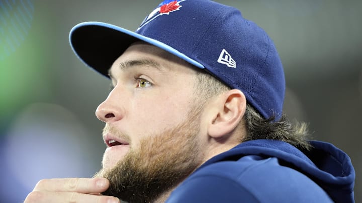 Toronto Blue Jays pitcher Trey Yesavage (39) looks on before game six of the 2025 MLB World Series against the Los Angeles Dodgers at Rogers Centre. 