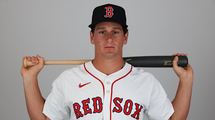 Feb 18, 2025; Lee County, FL, USA; Boston Red Sox outfielder Roman Anthony (48) participates in media day at JetBlue Park at Fenway South. Mandatory Credit: Nathan Ray Seebeck-Imagn Images