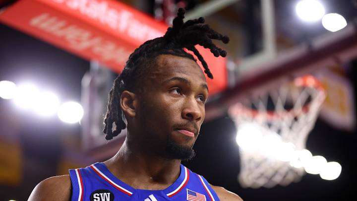 Mar 3, 2026; Tempe, Arizona, USA; Kansas Jayhawks guard Darryn Peterson (22) against the Arizona State Sun Devils at Desert Financial Arena. Mandatory Credit: Mark J. Rebilas-Imagn Images Mar 3, 2026; Tempe, Arizona, USA; Kansas Jayhawks guard Darryn Peterson (22) against the Arizona State Sun Devils at Desert Financial Arena. Mandatory Credit: Mark J. Rebilas-Imagn Images