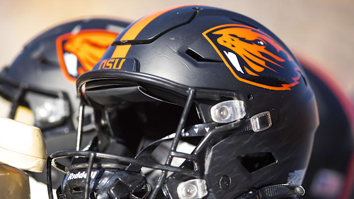 Nov 19, 2022; Tempe, Arizona, USA; Detailed view of an Oregon State Beavers helmet at Sun Devil Stadium. Mandatory Credit: Mark J. Rebilas-Imagn Images