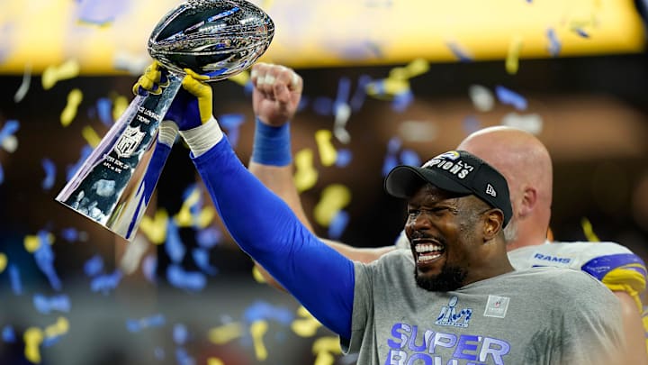 Los Angeles Rams outside linebacker Von Miller (40) raises the  Vince Lombardi Trophy after Super Bowl 56 between the Cincinnati Bengals and the Los Angeles Rams at SoFi Stadium in Inglewood, Calif., on Sunday, Feb. 13, 2022. The Rams came back in the final minutes of the game to win 23-20 on their home field.

Super Bowl 56 Cincinnati Bengals Vs La Rams