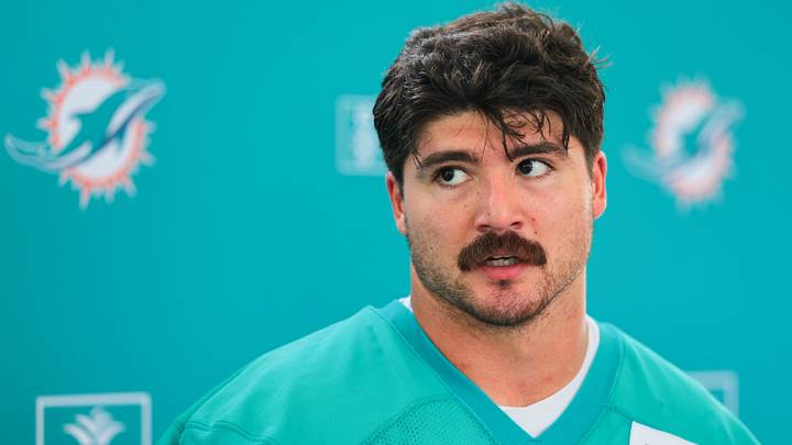 Miami Dolphins inside linebacker Jacob Rodriguez speaks to reporters after a practice at the Baptist Health Training Complex. 