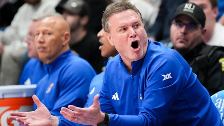 Feb 22, 2025; Lawrence, Kansas, USA; Kansas Jayhawks head coach Bill Self reacts to play against the Oklahoma State Cowboys during the second half at Allen Fieldhouse. Mandatory Credit: Denny Medley-Imagn Images