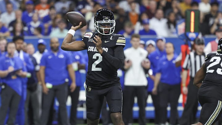 Dec 28, 2024; San Antonio, TX, USA; Colorado Buffaloes quarterback Shedeur Sanders (2) attempts a pass during the first quarter against the Brigham Young Cougars at Alamodome. Mandatory Credit: Troy Taormina-Imagn Images