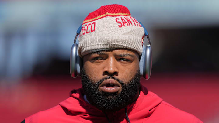 Oct 6, 2024; Santa Clara, California, USA; San Francisco 49ers offensive tackle Trent Williams (71) before the game against the Arizona Cardinals at Levi's Stadium. Mandatory Credit: Darren Yamashita-Imagn Images
