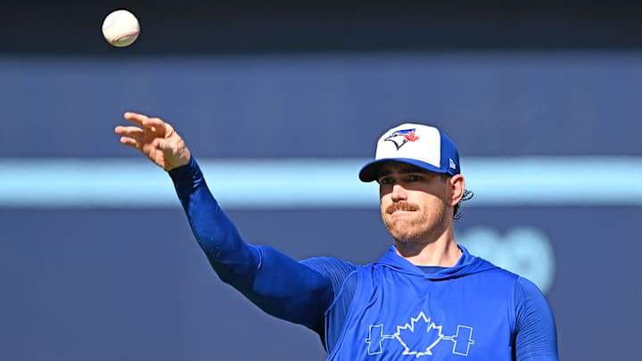 Toronto Blue Jays pitcher Shane Bieber warms up prior to a 2025 regular season game