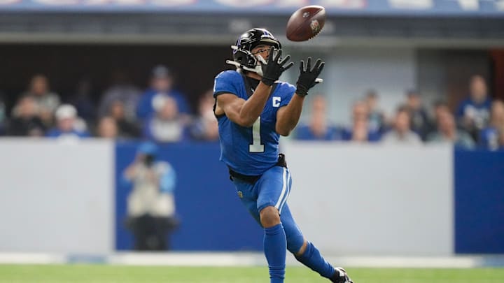 Indianapolis Colts wide receiver Josh Downs (1) catches a pass Sunday, Nov. 24, 2024, during a game against the Detroit Lions at Lucas Oil Stadium in Indianapolis.