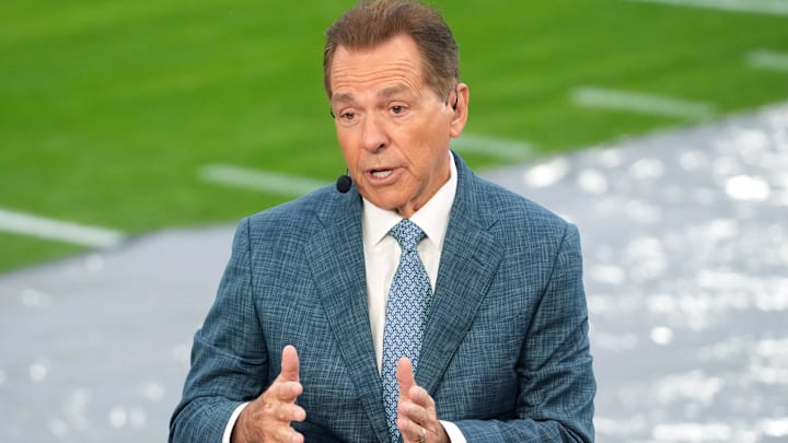 Jan 1, 2026; Pasadena, CA, USA; Nick Saban on the ESPN College Gameday set during the 2026 Rose Bowl and quarterfinal game of the College Football Playoff at Rose Bowl Stadium. Mandatory Credit: Kirby Lee-Imagn Images