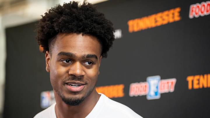 Tennessee transfer guard Jalen Haralson speaks to the media at an introductory press conference at Pratt Pavilion on the University of Tennessee campus in Knoxville on June 9, 2026.