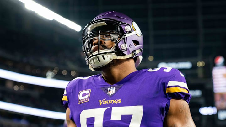 Oct 28, 2018; Minneapolis, MN, USA; Minnesota Vikings defensive lineman Everson Griffen (97) before the game against New Orleans Saints at U.S. Bank Stadium. Mandatory Credit: Brad Rempel-Imagn Images