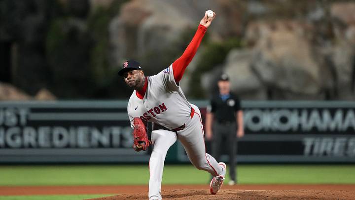 Jul 5, 2026; Anaheim, California, USA; Boston Red Sox pitcher Aroldis Chapman (44) throws in the ninth inning against the Los Angeles Angels at Angel Stadium. Mandatory Credit: Kirby Lee-Imagn Images Jul 5, 2026; Anaheim, California, USA; Boston Red Sox pitcher Aroldis Chapman (44) throws in the ninth inning against the Los Angeles Angels at Angel Stadium. Mandatory Credit: Kirby Lee-Imagn Images