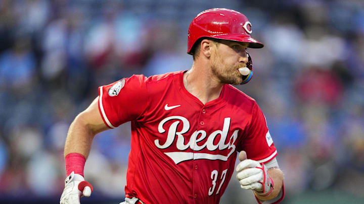 May 28, 2025; Kansas City, Missouri, USA; Cincinnati Reds catcher Tyler Stephenson (37) runs to first base after hitting a single during the sixth inning against the Kansas City Royals at Kauffman Stadium. Mandatory Credit: Jay Biggerstaff-Imagn Images