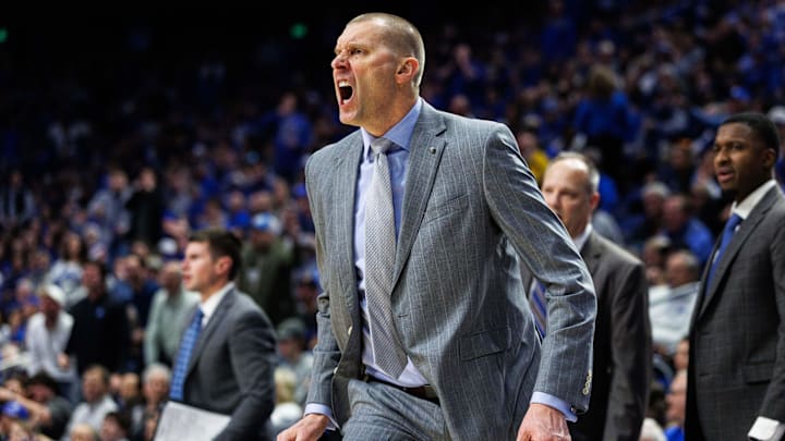 Jan 7, 2026; Lexington, Kentucky, USA; Kentucky Wildcats head coach Mark Pope yells across the court during the first half against the Missouri Tigers at Rupp Arena at Central Bank Center. Mandatory Credit: Jordan Prather-Imagn Images