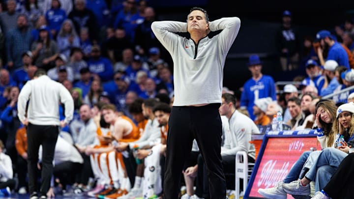 Jan 21, 2026; Lexington, Kentucky, USA; Texas Longhorns head coach Sean Miller reacts to the action during the second half against the Kentucky Wildcats at Rupp Arena.