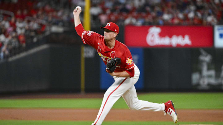 Sep 20, 2024; St. Louis, Missouri, USA; St. Louis Cardinals starting pitcher Kyle Gibson (44) pitches against the Cleveland Guardians during the first inning at Busch Stadium. Mandatory Credit: Jeff Curry-Imagn Images