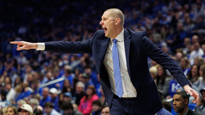 Feb 19, 2025; Lexington, Kentucky, USA; Kentucky Wildcats head coach Mark Pope reacts during the first half against the Vanderbilt Commodores at Rupp Arena at Central Bank Center. Mandatory Credit: Jordan Prather-Imagn Images