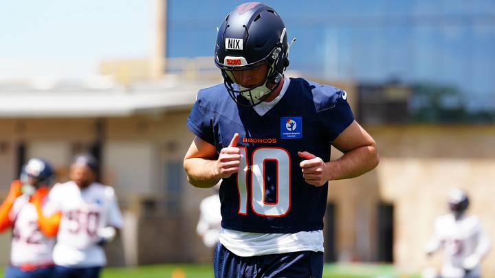 Jun 16, 2026; Englewood, CO, USA; Denver Broncos quarterback Bo Nix (10) during mini camp at Broncos Park. Jun 16, 2026; Englewood, CO, USA; Denver Broncos quarterback Bo Nix (10) during mini camp at Broncos Park.