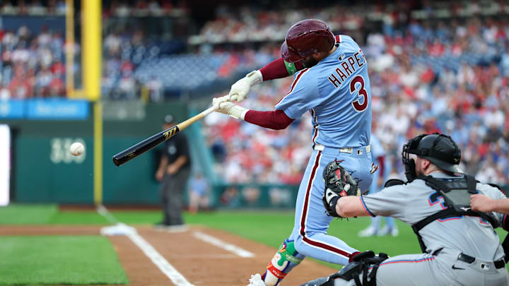 Philadelphia Phillies first base Bryce Harper hits a single against the Miami Marlins during the first inning at Citizens Bank Park. Philadelphia Phillies first base Bryce Harper hits a single against the Miami Marlins during the first inning at Citizens Bank Park.