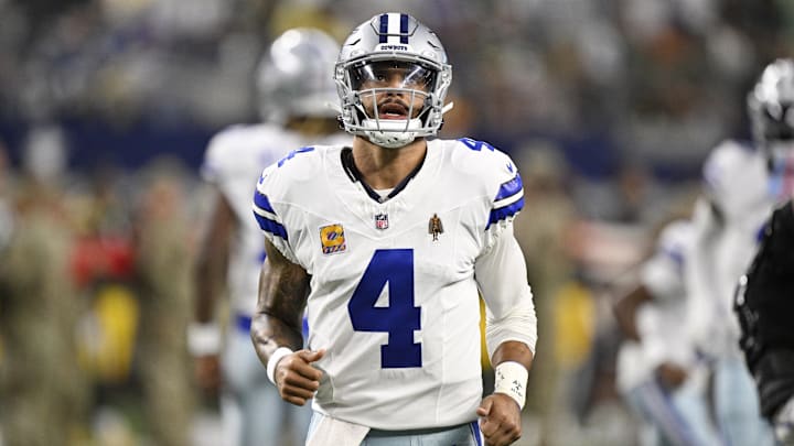 Dallas Cowboys quarterback Dak Prescott looks on before the game against the Green Bay Packers at AT&T Stadium