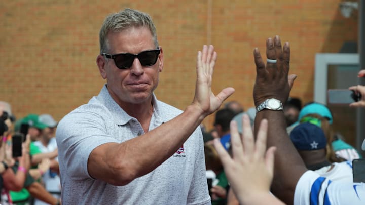 Troy Aikman arrives on the red carpet for the 2023 Pro Football Hall of Fame Enshrinement at Tom Benson Hall of Fame Stadium. 