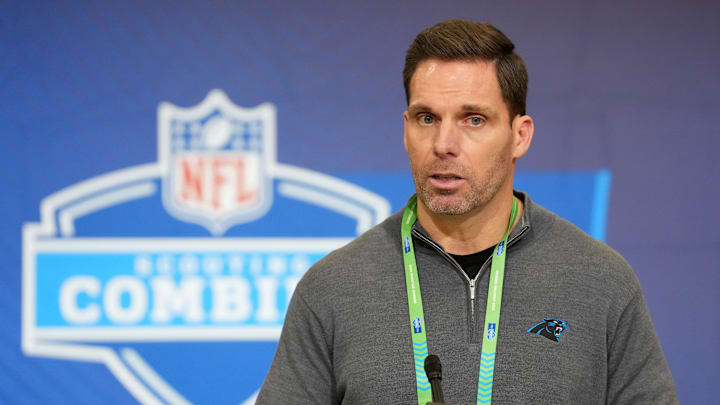 Feb 24, 2026; Indianapolis, IN, USA; Carolina Panthers general manager Dan Morgan speaks at the NFL Scouting Combine at the Indiana Convention Center. Mandatory Credit: Kirby Lee-Imagn Images