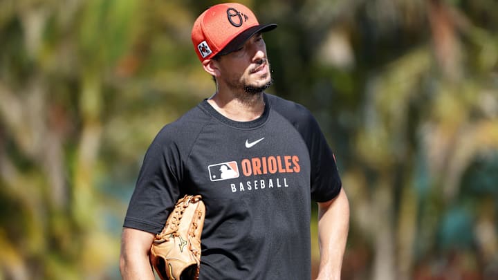 Feb 13, 2025; Sarasota, FL, USA; Baltimore Orioles pitcher Charlie Morton (50) during spring training workouts at Ed Smith Stadium. Feb 13, 2025; Sarasota, FL, USA; Baltimore Orioles pitcher Charlie Morton (50) during spring training workouts at Ed Smith Stadium.