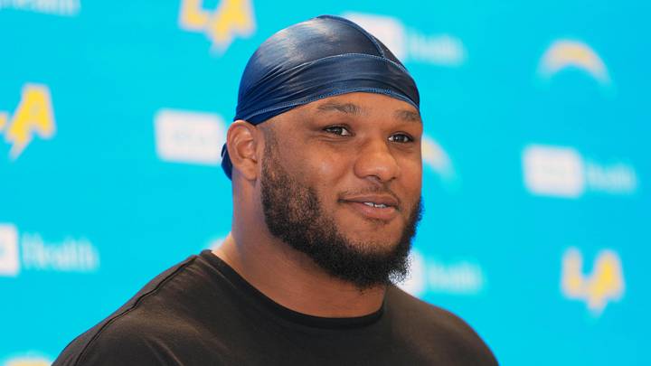 May 12, 2025; El Segundo, CA, USA; Los Angeles Chargers defensive end Da'Shawn Hand at press conference during offseason workouts at The Bolt. Mandatory Credit: Kirby Lee-Imagn Images
