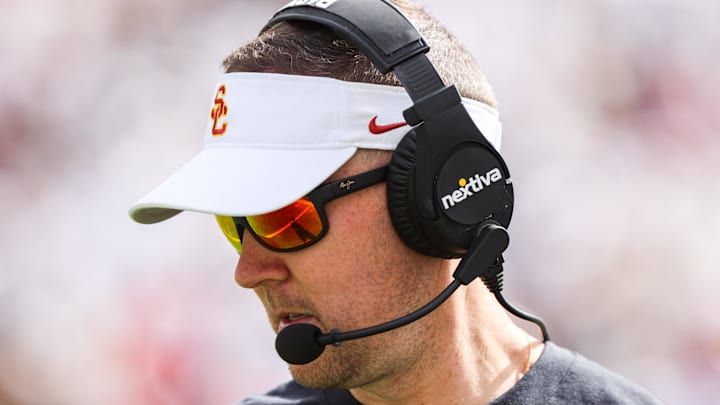 Sep 30, 2023; Boulder, Colorado, USA; USC Trojans head coach Lincoln Riley during the game against the Colorado Buffaloes at Folsom Field. Mandatory Credit: Chet Strange-Imagn Images